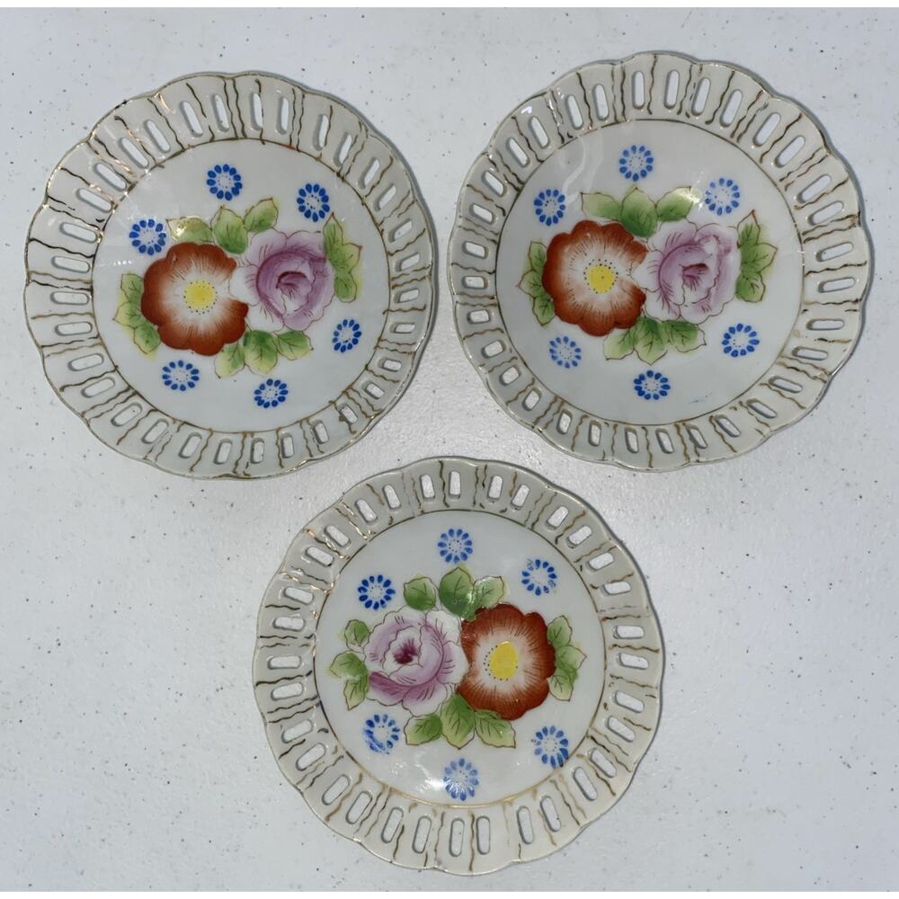 VTG HADSON China Occupied Japan Reticulated‎ Floral Plate Trinket Dish Set Of 3